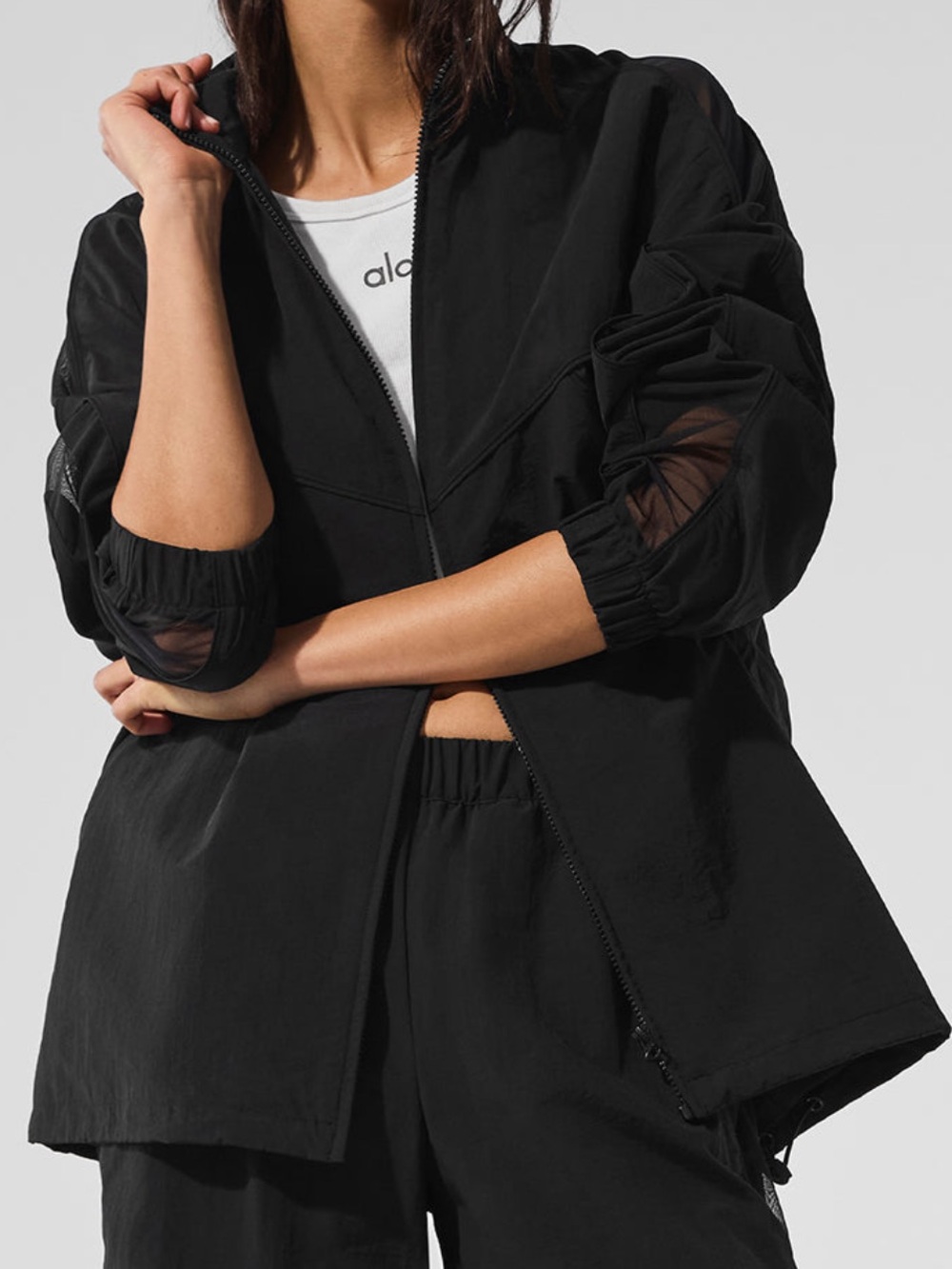 ALO Yoga Black Origin Full Zip Track Jacket with Mesh Sleeve Insets, L